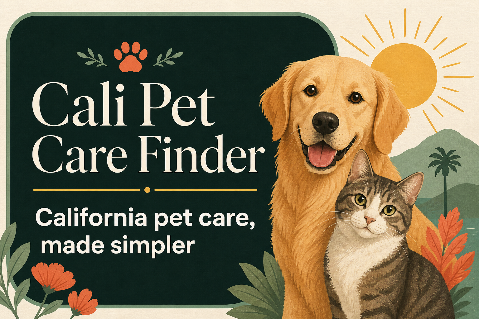 A friendly golden dog and cat representing Cali Pet Care Finder